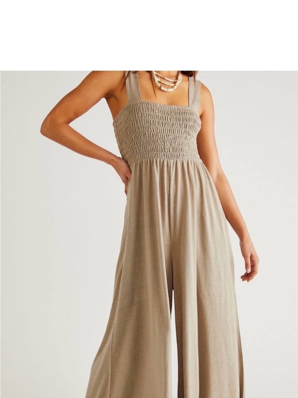 Free People Smocked Wide-Leg Jumpsuit in Taupe